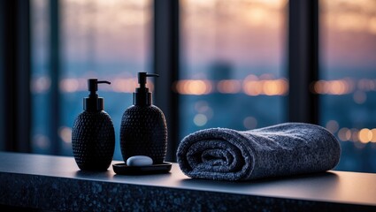 Out-of-focus window scene featuring dark towels and soap accents