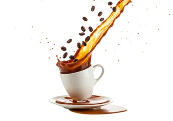 Cup of espresso splash with falling beans on a bright background