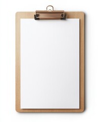 Simple wooden clipboard with blank A4 paper, isolated on white background, top-down view, corporate and admin document mockup.