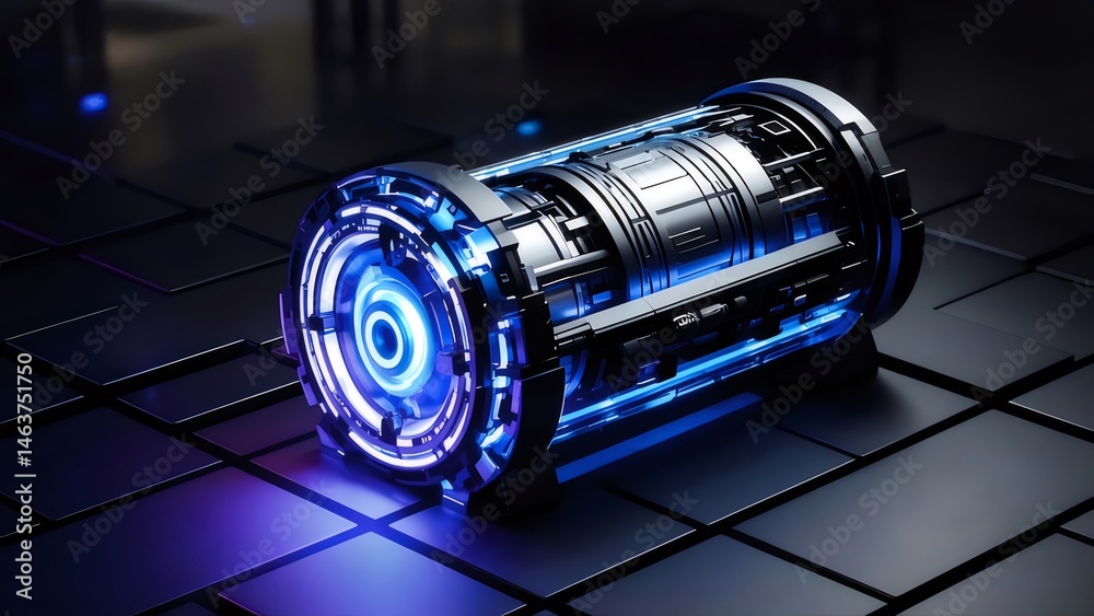 Poster 詳細な金属製シリンダー 未来的な技術コンテナ 青色の輝きと機械的なコンポーネントを備えた3dレンダリング 黒い背景に抽象的なデザイン