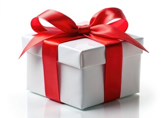 Fototapeta premium White Gift Box with Red Ribbon, Christmas Present, Holiday Packaging, Gift Wrapping, Festive Box, Isolated White Background