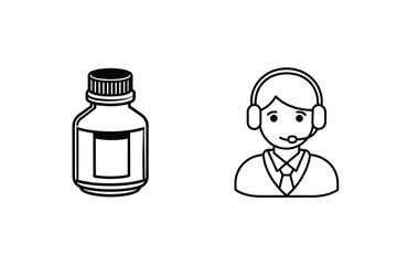 Customer support and medication symbols in a black and white minimalist illustration suitable for design.