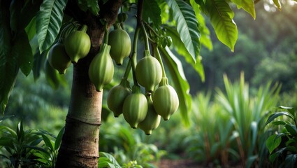 Exotic green papayas growing on a tree with vibrant foliage in a natural farm setting at Batu Cangku Sapit Village
