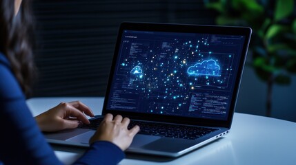 Person working on laptop with cloud computing network graphic on screen