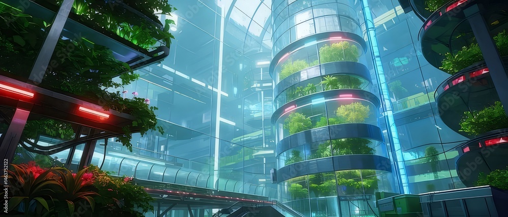 Aufkleber 青い未来都市の垂直庭園と植物栽培の環境と建築構造の技術的なデザイン