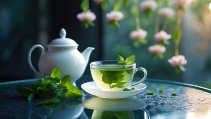 Fototapeta premium Herbal tea with mint leaves in a cup on a glass table, alongside a white teapot and green herbs, surrounded by hanging flowers that add to the cozy outdoor atmosphere.