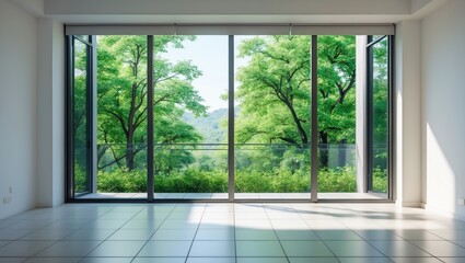 Fototapeta premium Spacious home room featuring a wide window and clean tiled flooring