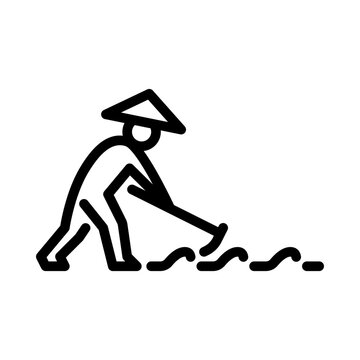 recommend clip art: farmer activity outline icon. figure hoeing field line art illustration.