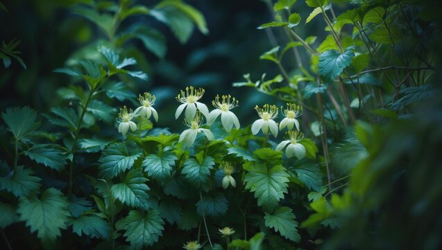 In a shady herb garden, the traditional herb Dokudami is in full bloom.