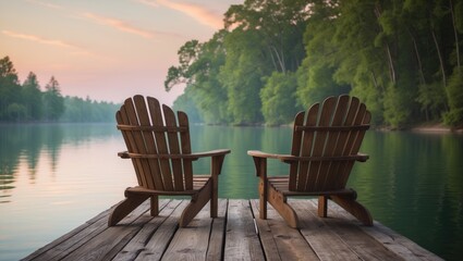 Fototapeta premium Scenic view of Muskoka chairs on a dock by the tranquil lake in cottage country.