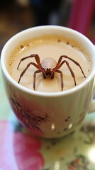 Coffee cup with spider, closeup