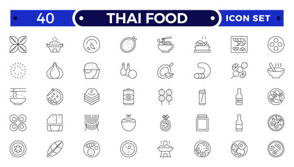 Thai food outline icon set. Included the icons as dumplings, skewer, sausage, grilled chicken wings, asian style, fruit bowl, pad thai and more.