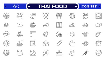 Thai food outline icon set. Included the icons as dumplings, skewer, sausage, grilled chicken wings, asian style, fruit bowl, pad thai and more.