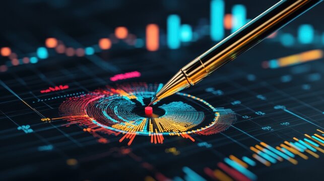 Data analysis visualization pen over circular chart and graphs
