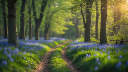 Obraz premium Exploring the Woodland Pathway Amid Bluebells and Wildflowers in England