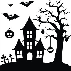 Spooky Haunted House with Bats, Bare Trees, Pumpkins, and RIP Sign Silhouette for Halloween
