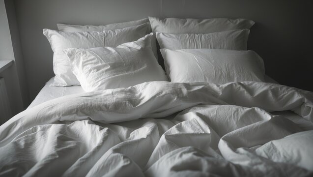 Unkempt bed filled with pillows in disarray