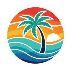 Tropical Beach Sunset Palm Tree Ocean Wave Circle Logo Design