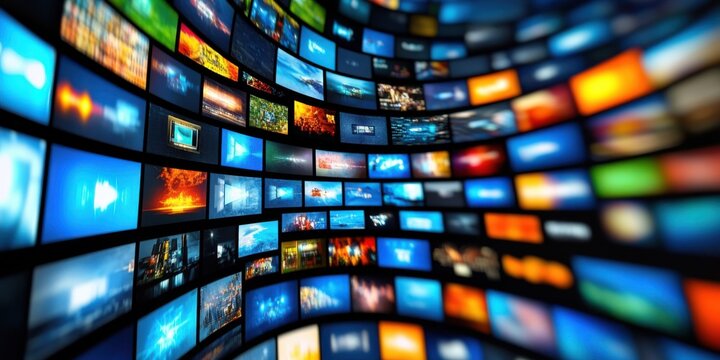 Curved screen wall with glowing media tiles