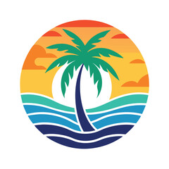 Tropical Beach Sunset Palm Tree Ocean Wave Circle Logo Design