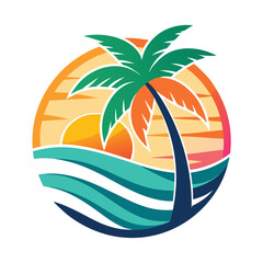 Obraz premium Tropical Beach Sunset Palm Tree Ocean Wave Circle Logo Design