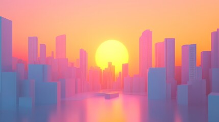 Fototapeta premium Cityscape at sunrise, pastel colors, geometric shapes