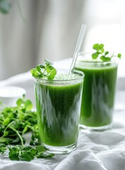 Two glasses of vibrant green smoothie