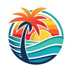 Fototapeta premium Tropical Beach Sunset Palm Tree Ocean Wave Circle Logo Design