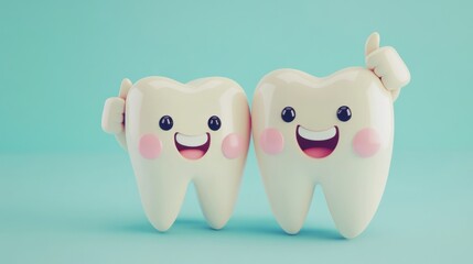 Fototapeta premium Cute cartoon teeth duo smiling on teal background