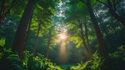 Obraz premium Experiencing tranquility as the sun shines through forest canopy amidst natural greenery and brown tones