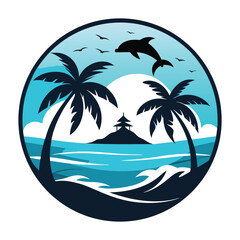 Vector illustration of a tropical island beach with palm trees, sun, and ocean waves for a summer vacation travel design