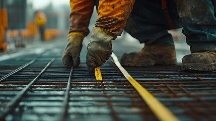 Construction Worker Measuring Reinforcement Bars