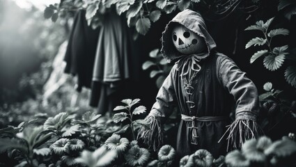 Black and white scarecrow standing in a strawberry garden