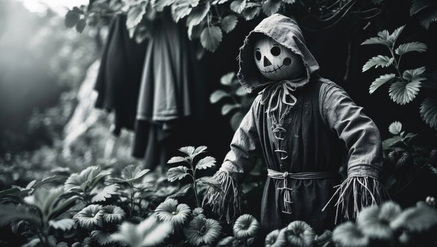 Black and white scarecrow standing in a strawberry garden - Powered by Adobe