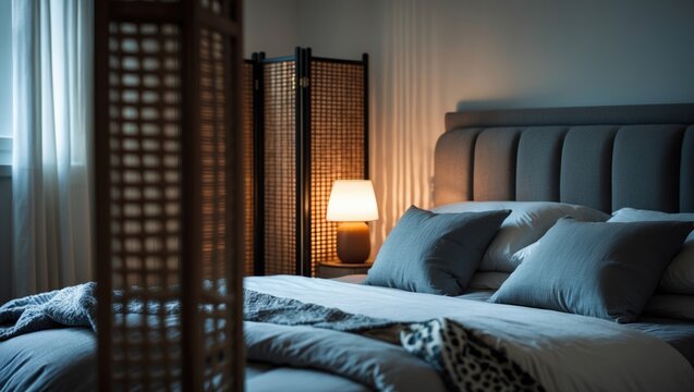 Bedroom scene with folding screen and plush bed, close-up shot