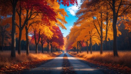 A picturesque pathway bordered by colorful fall foliage in shades of green, orange, red, and yellow, under a bright sky.