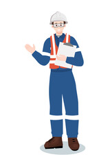 Industrial worker or engineer in safety vest and hard hat holding clipboard, gesturing to the side.