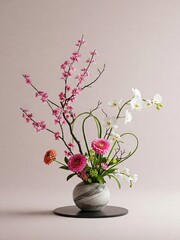 Close up Ikebana arrangement flowers with tree branch