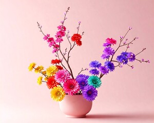 Close up Ikebana arrangement flowers with tree branch