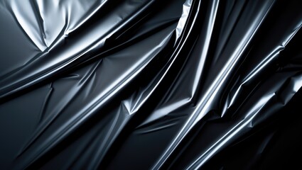 Abstract layout of glossy plastic wrap with crumple and fold effects on surface