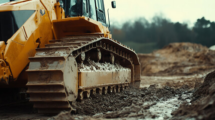 Yellow Bulldozer Operating in Mud