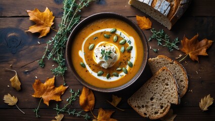 Autumn-inspired pumpkin soup with blue cheese and herbs, accompanied by multi-cereal bread on a vintage wooden table.