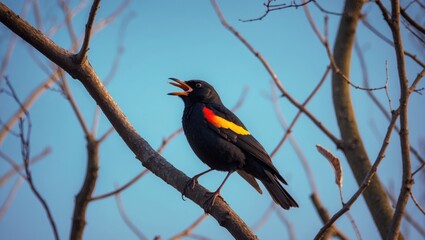 Perched in a tree, a crimson red-winged blackbird chirps a song.