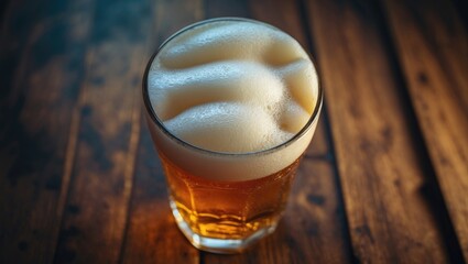 Close-up of a frothy beer mug on wooden surface