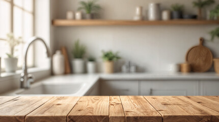 Wood table top on blurred kitchen background.  can be used mock up for montage products display or design layout