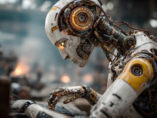 A highly detailed futuristic robot diligently works on a complex task in an industrial setting using advanced technology.