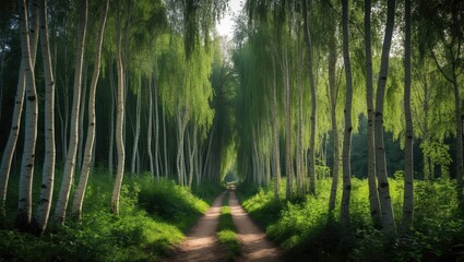 Obraz premium Bright forest trail amid birch trees during summer in the park