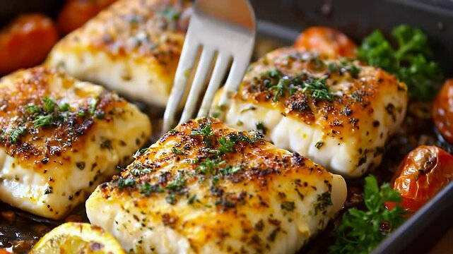 Baked Cod Fillets Garnished with Parsley Tomatoes and Lemon in Bright Light
