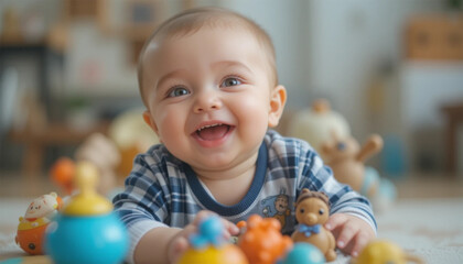 Fototapeta premium A baby laughing while playing with toys