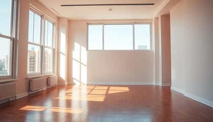 Obraz premium Sunlit empty apartment, hardwood floors, tall windows, empty room, simple